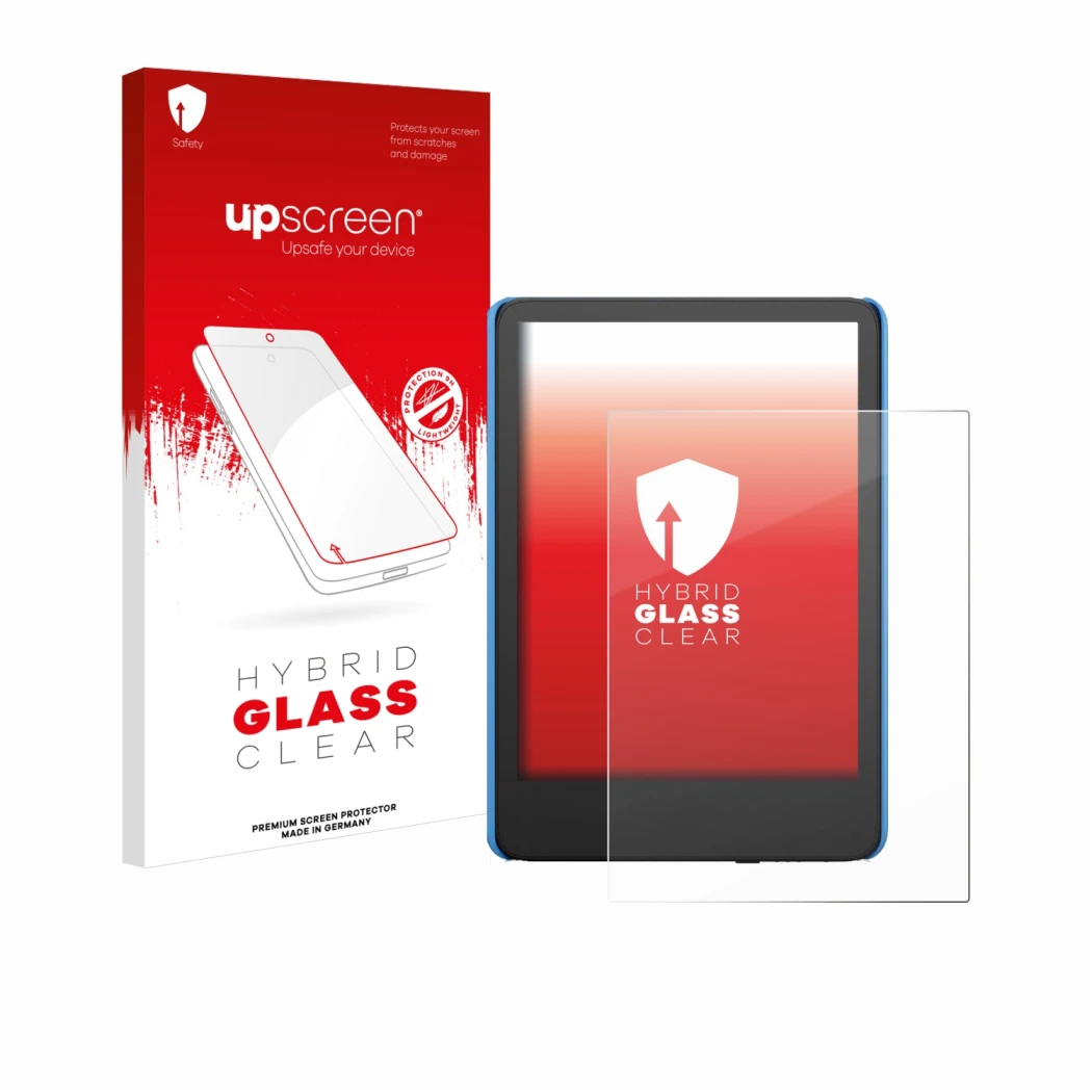 Parte frontal de un envase de producto con el logotipo de la marca upscreen. Al lado se muestra el dispositivo Amazon Kindle K