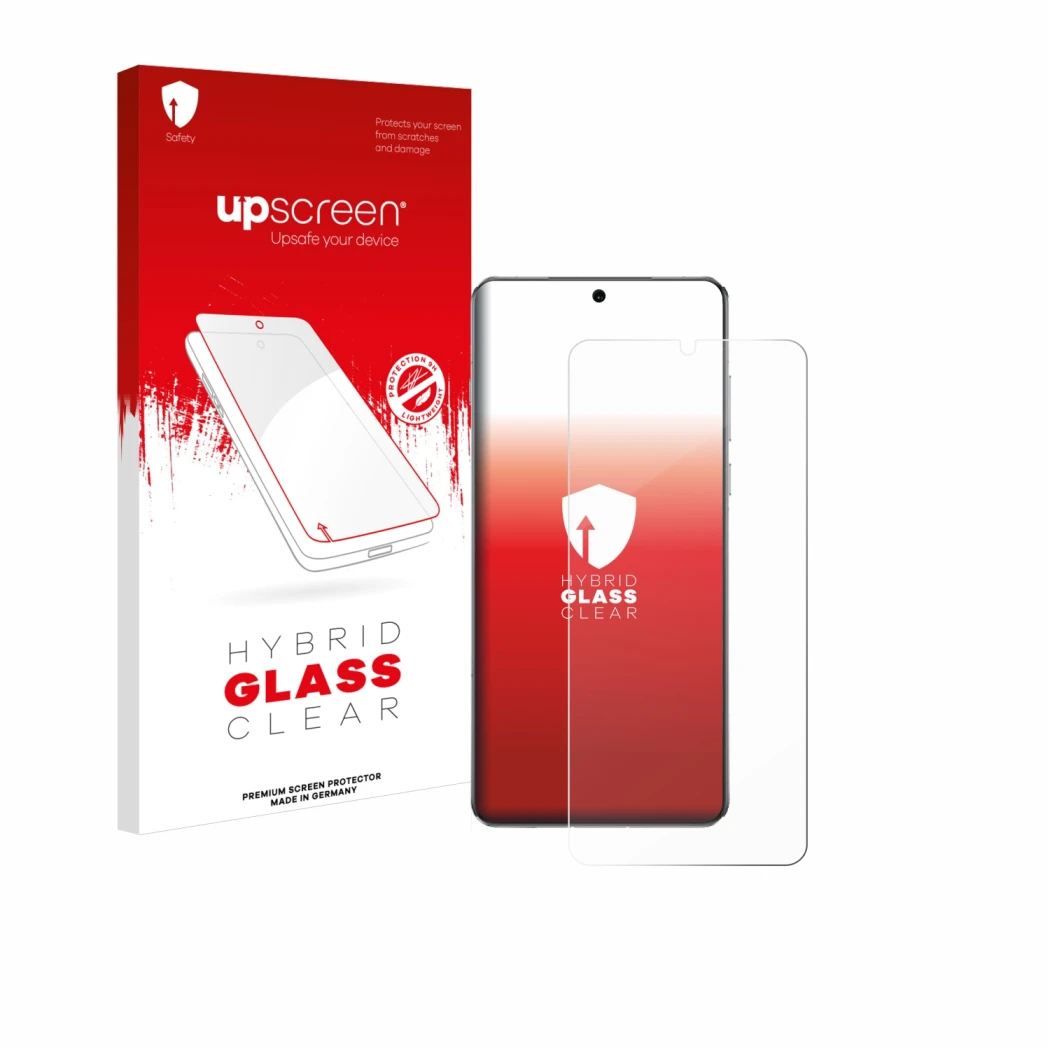 Parte frontal de un envase de producto con el logotipo de la marca upscreen. Al lado se muestra el dispositivo OnePlus 13 con