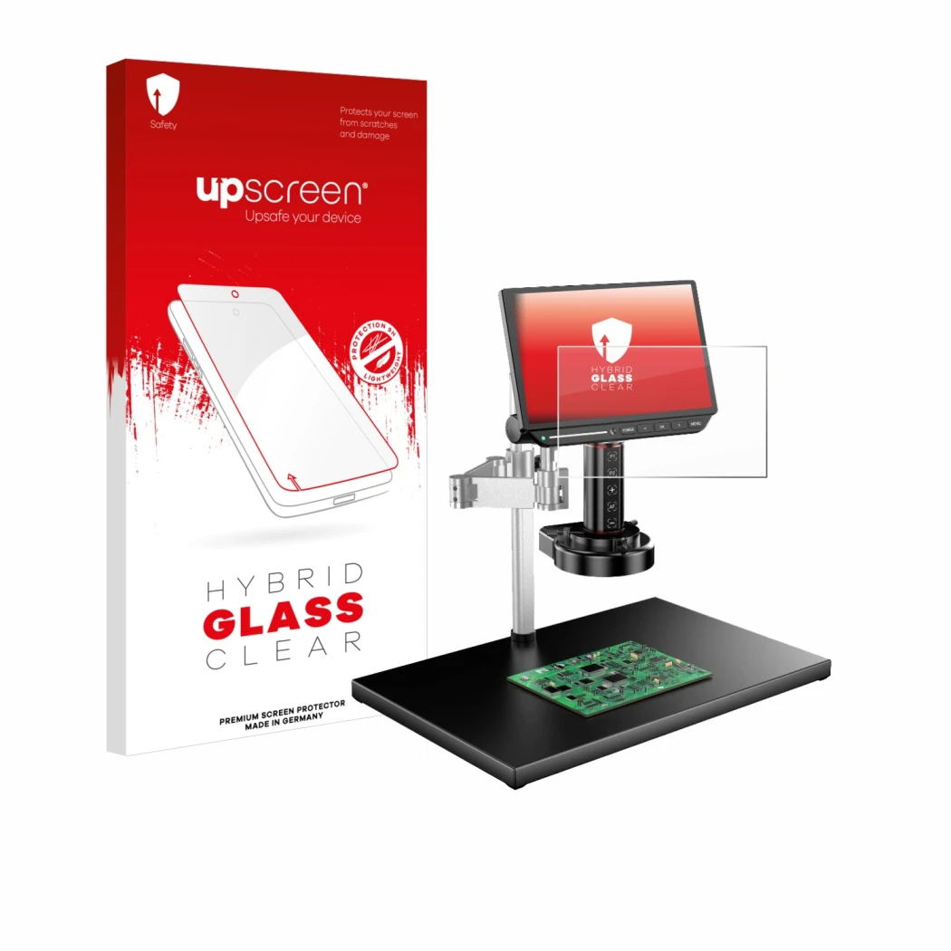 Parte frontal de un envase de producto con el logotipo de la marca upscreen. Al lado se muestra el dispositivo Tomlov TM4K-AF-