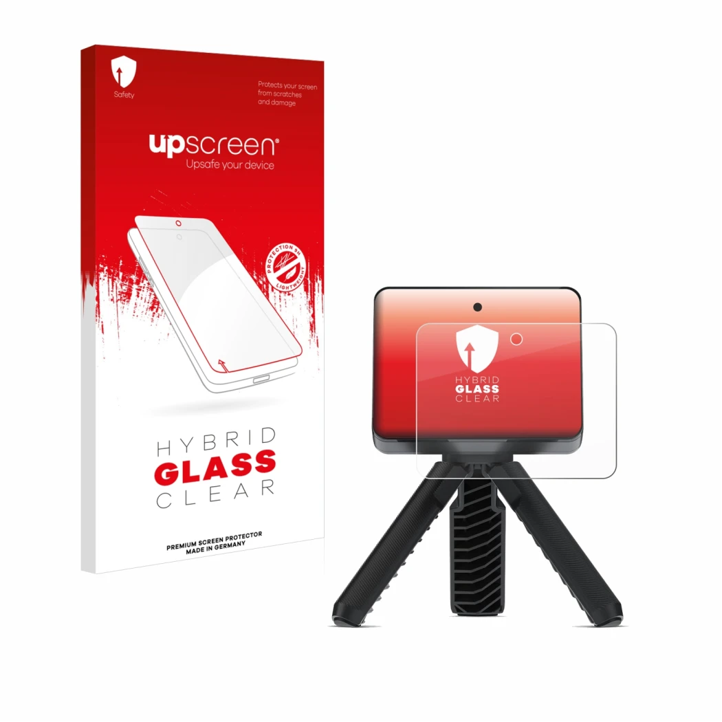 Parte frontal de un envase de producto con el logotipo de la marca upscreen. Al lado se muestra el dispositivo Garmin Approach