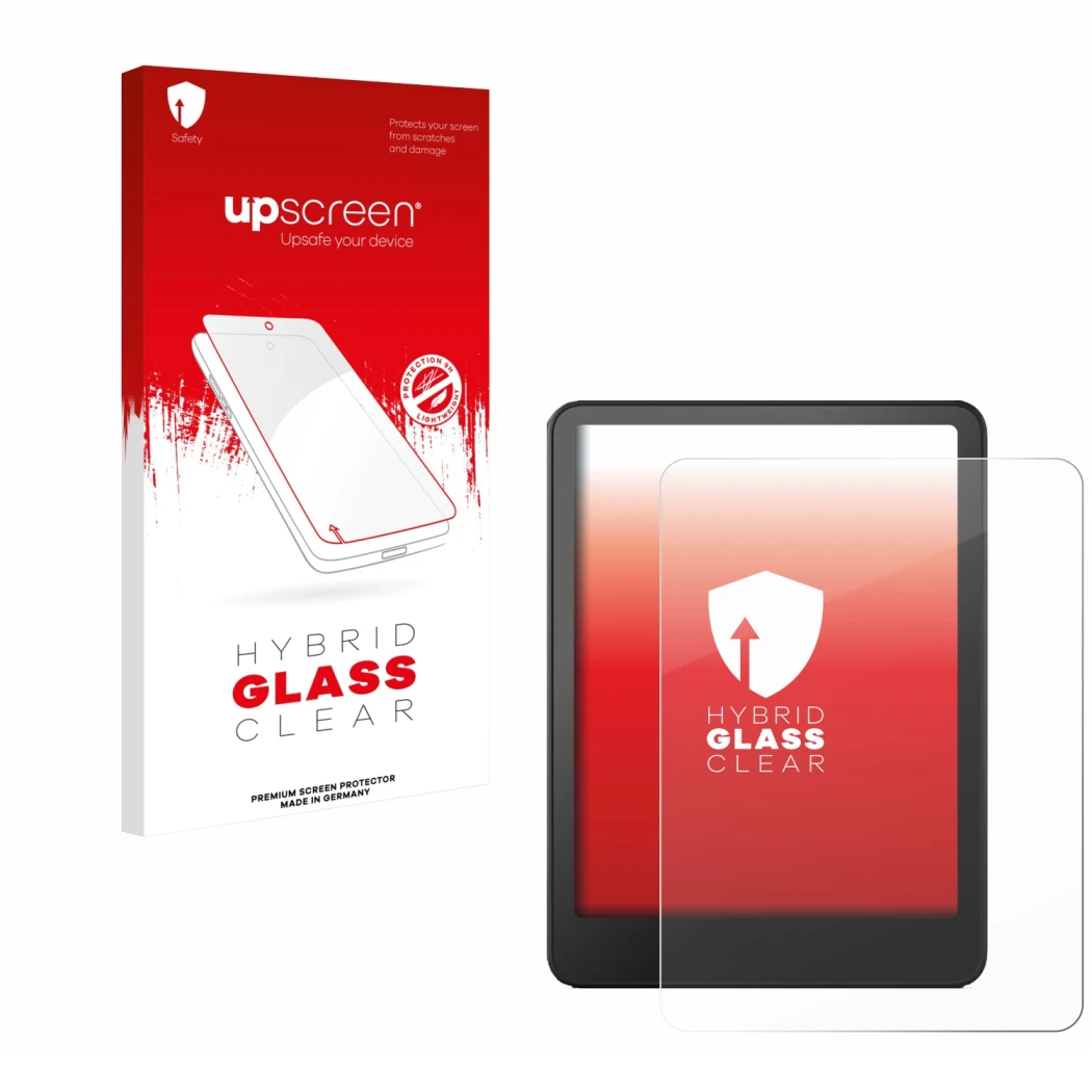 Parte frontal de un envase de producto con el logotipo de la marca upscreen. Al lado se muestra el dispositivo Amazon Kindle P