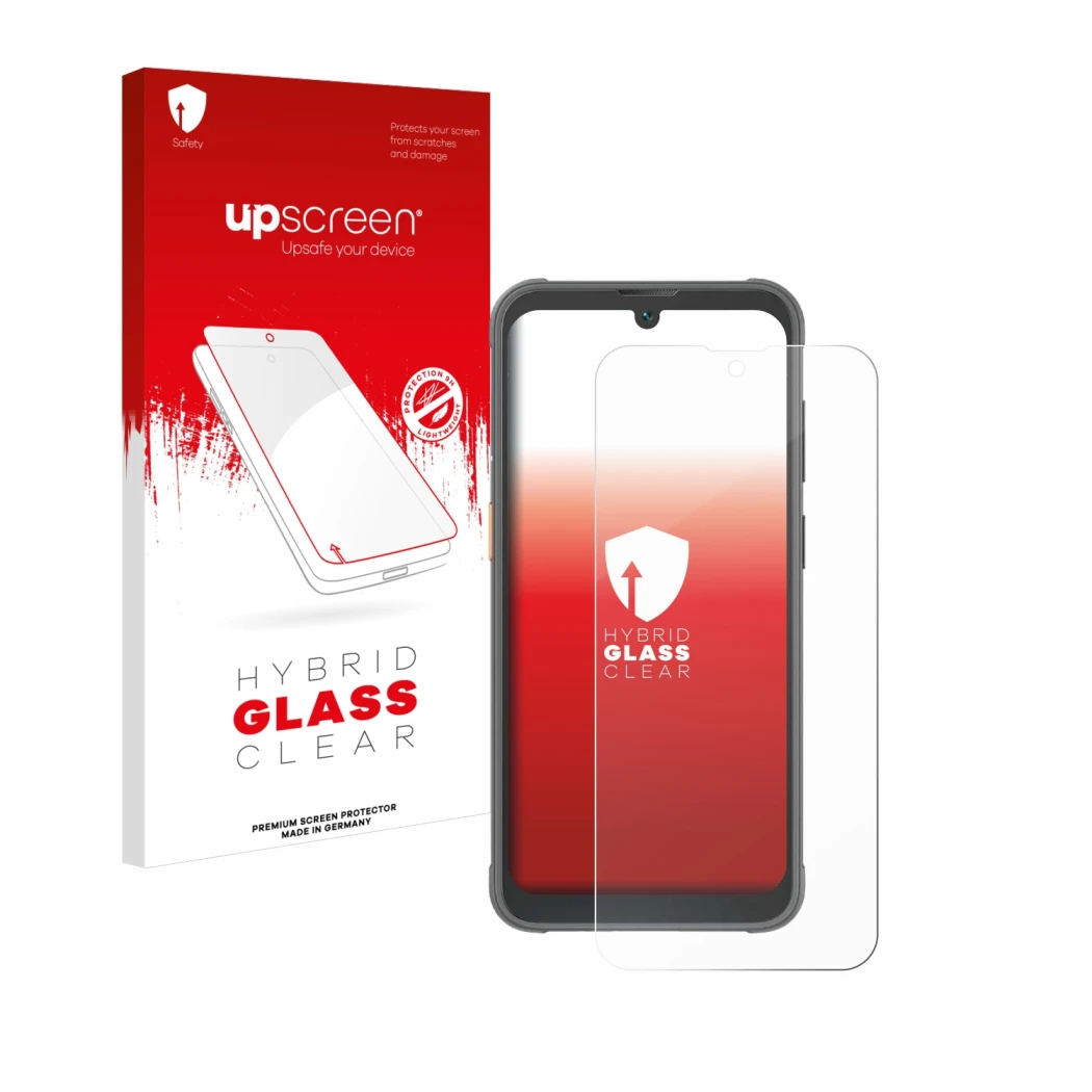 Parte frontal de un envase de producto con el logotipo de la marca upscreen. Al lado se muestra el dispositivo Blackview BV520