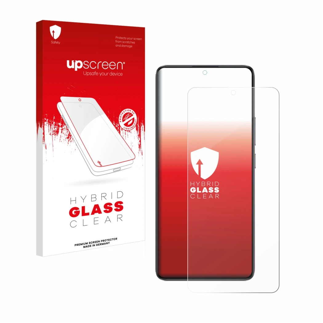 Parte frontal de un envase de producto con el logotipo de la marca upscreen. Al lado se muestra el dispositivo Xiaomi Poco F7 