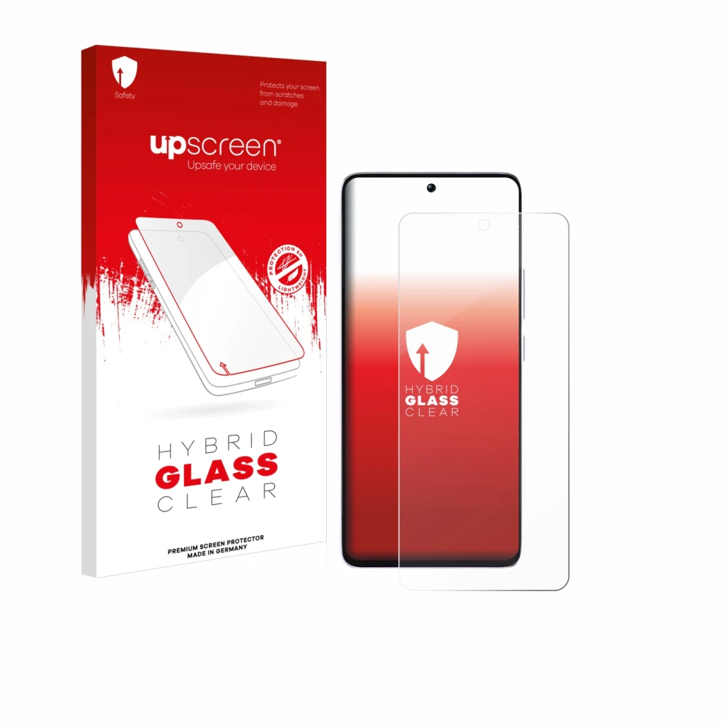 Parte frontal de un envase de producto con el logotipo de la marca upscreen. Al lado se muestra el dispositivo Xiaomi Poco M7 