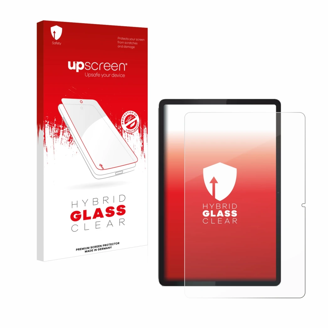 Parte frontal de un envase de producto con el logotipo de la marca upscreen. Al lado se muestra el dispositivo Lenovo Tab 2025