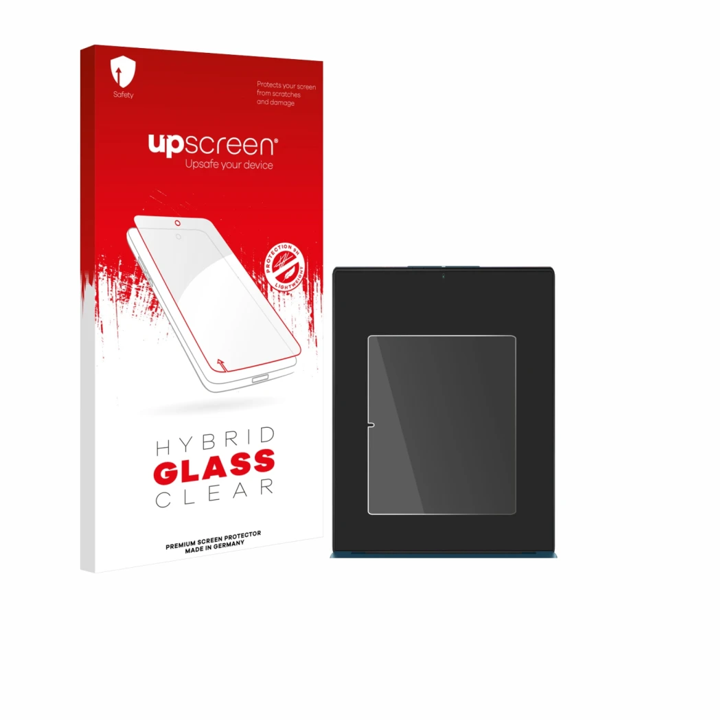 Parte frontal de un envase de producto con el logotipo de la marca upscreen. Al lado se muestra el dispositivo Lenovo Yoga Sli