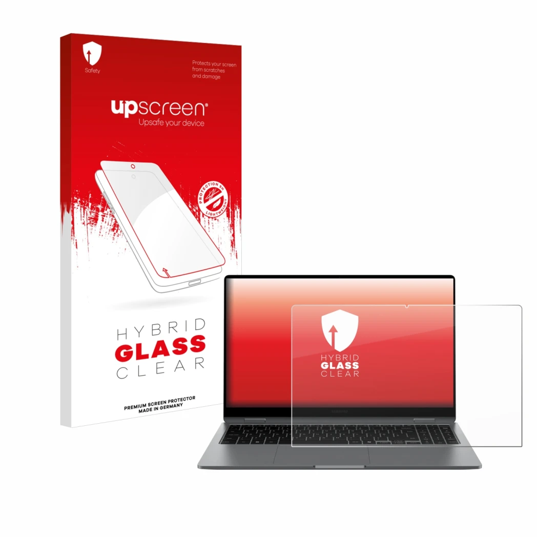 Parte frontal de un envase de producto con el logotipo de la marca upscreen. Al lado se muestra el dispositivo Samsung Galaxy 