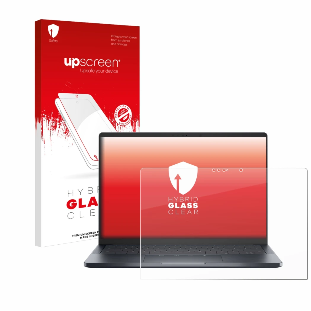 Parte frontal de un envase de producto con el logotipo de la marca upscreen. Al lado se muestra el dispositivo Dell Pro 14 Pre