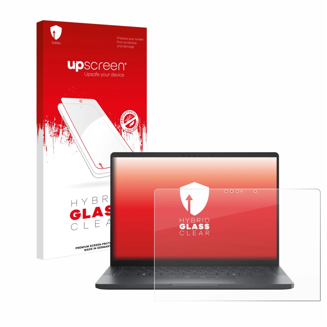 Parte frontal de un envase de producto con el logotipo de la marca upscreen. Al lado se muestra el dispositivo Dell Pro 13 Pre