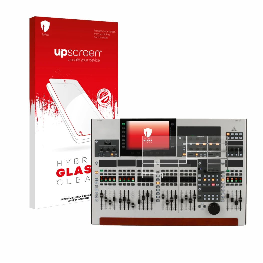 Parte frontal de un envase de producto con el logotipo de la marca upscreen. Al lado se muestra el dispositivo Behringer Wing 