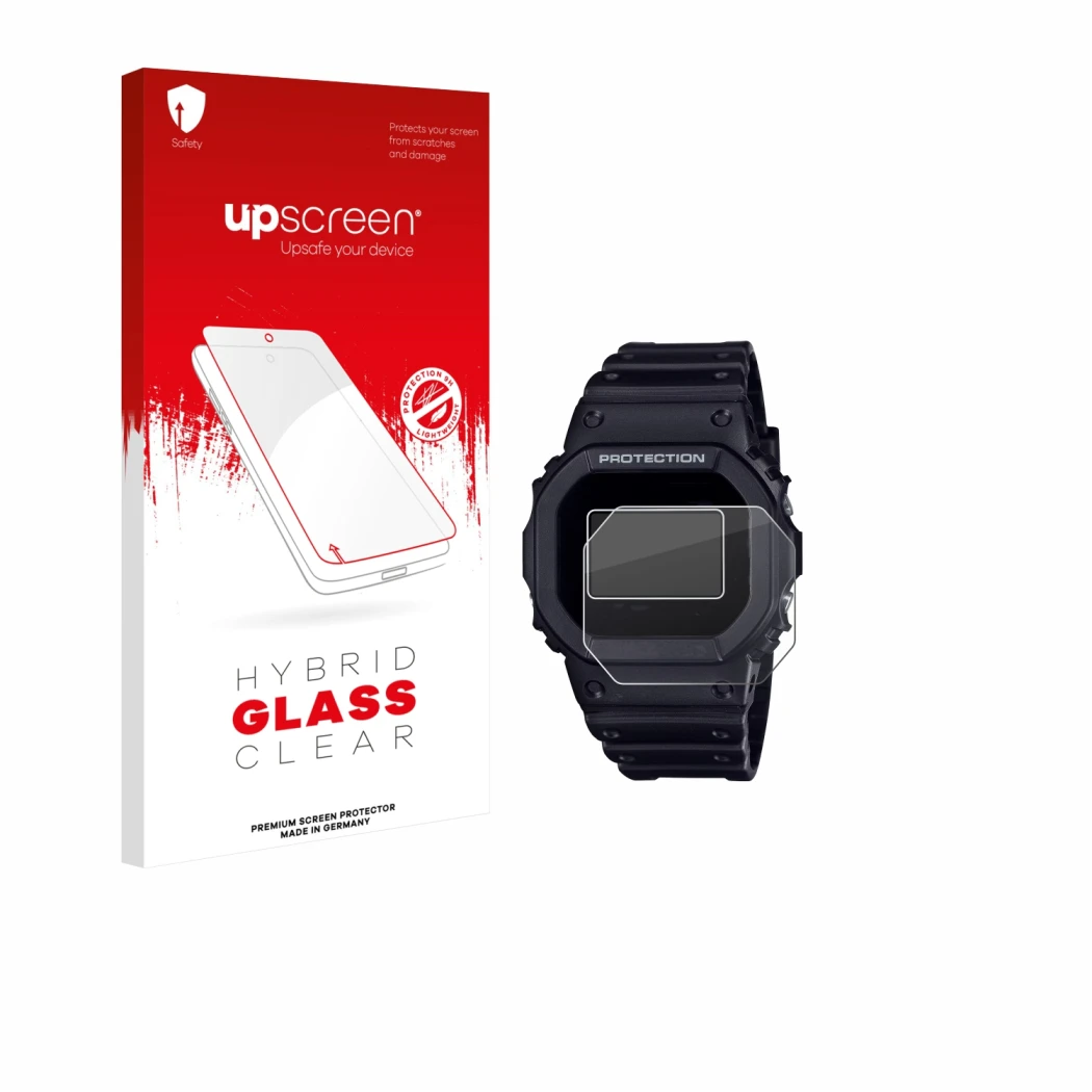 Parte frontal de un envase de producto con el logotipo de la marca upscreen. Al lado se muestra el dispositivo Casio G-Shock D