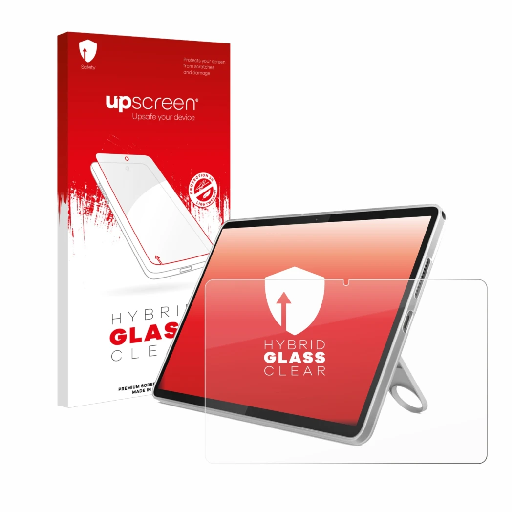 Parte frontal de un envase de producto con el logotipo de la marca upscreen. Al lado se muestra el dispositivo Lenovo Tab 10.1
