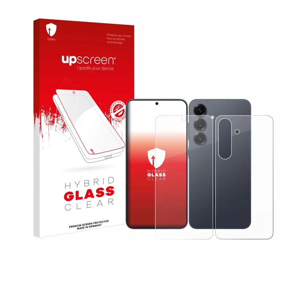 Parte frontal de un envase de producto con el logotipo de la marca upscreen. Al lado se muestra el dispositivo Samsung Galaxy 