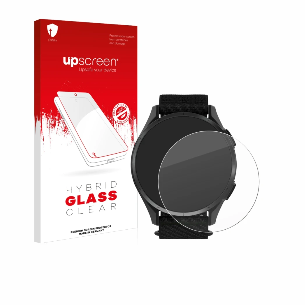 Parte frontal de un envase de producto con el logotipo de la marca upscreen. Al lado se muestra el dispositivo Garmin Approach