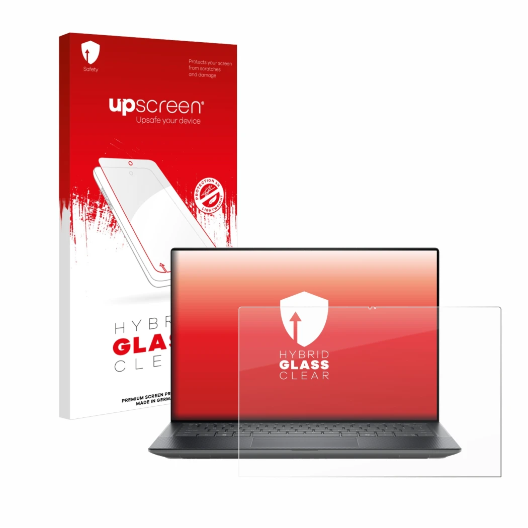 Parte frontal de un envase de producto con el logotipo de la marca upscreen. Al lado se muestra el dispositivo Dell Precision