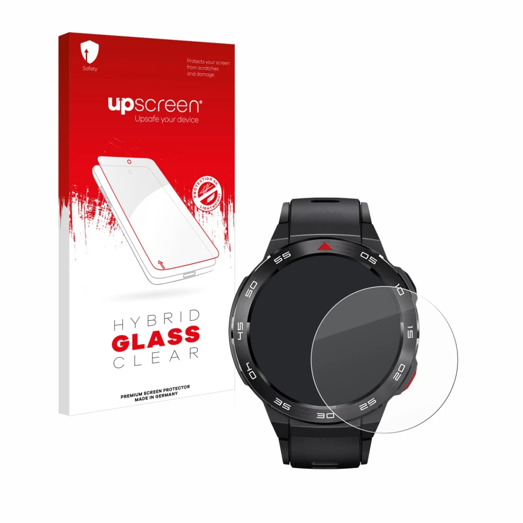 Parte frontal de un envase de producto con el logotipo de la marca upscreen. Al lado se muestra el dispositivo Xiaomi Mibro GS