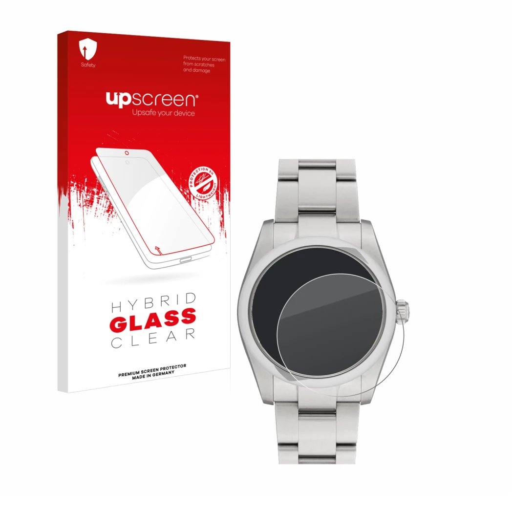 Parte frontal de un envase de producto con el logotipo de la marca upscreen. Al lado se muestra el dispositivo Rolex Oyster Pe