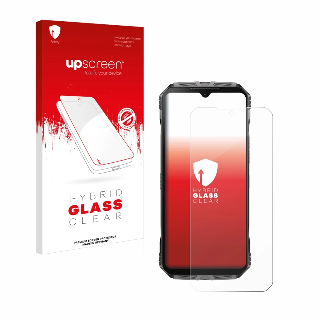 Parte frontal de un envase de producto con el logotipo de la marca upscreen. Al lado se muestra el dispositivo Doogee S Cyber 