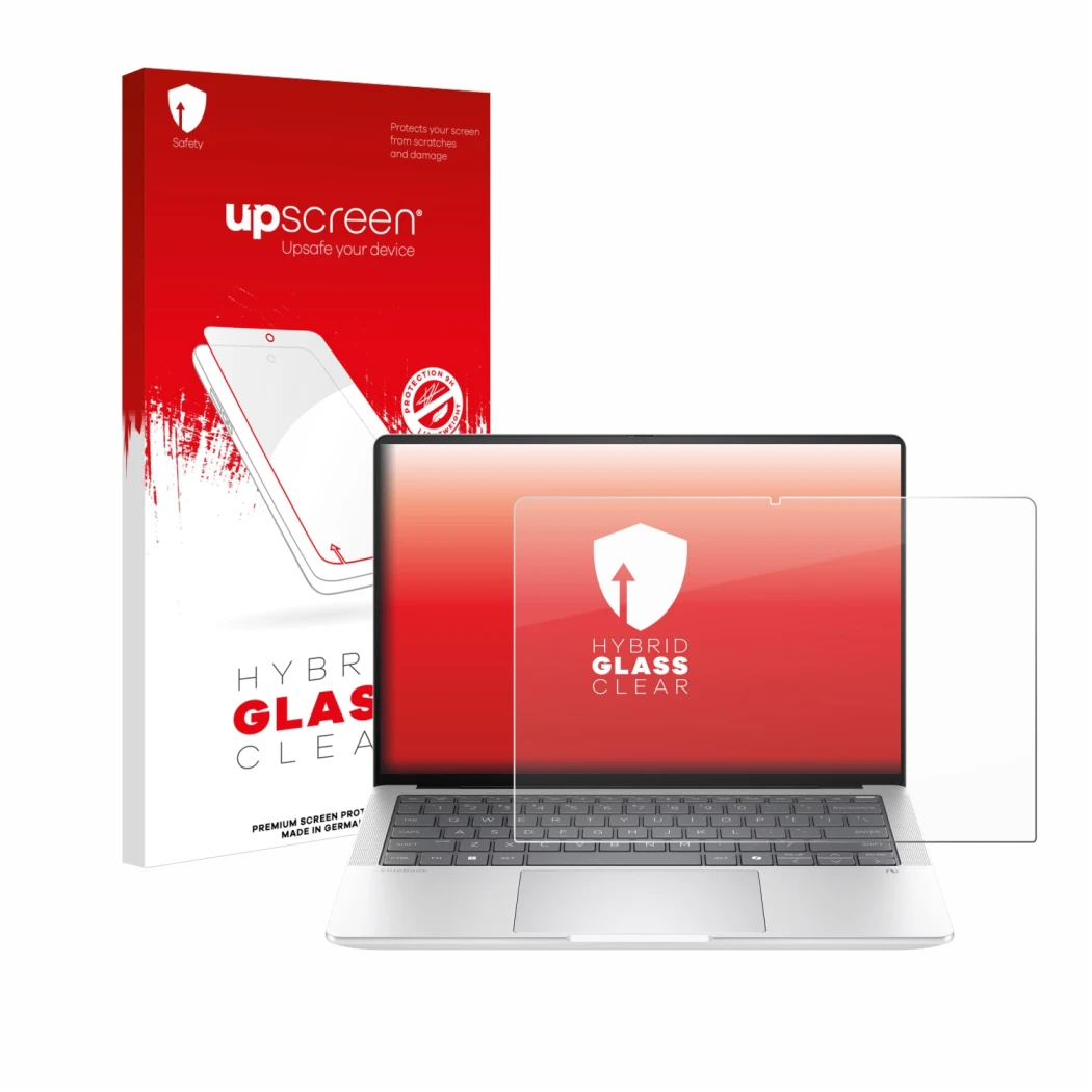 Parte frontal de un envase de producto con el logotipo de la marca upscreen. Al lado se muestra el dispositivo HP EliteBook X 