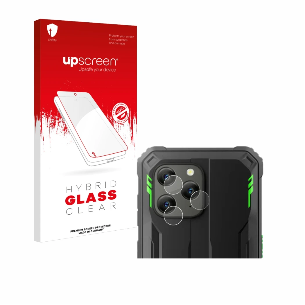 Parte frontal de un envase de producto con el logotipo de la marca upscreen. Al lado se muestra el dispositivo Blackview BV530
