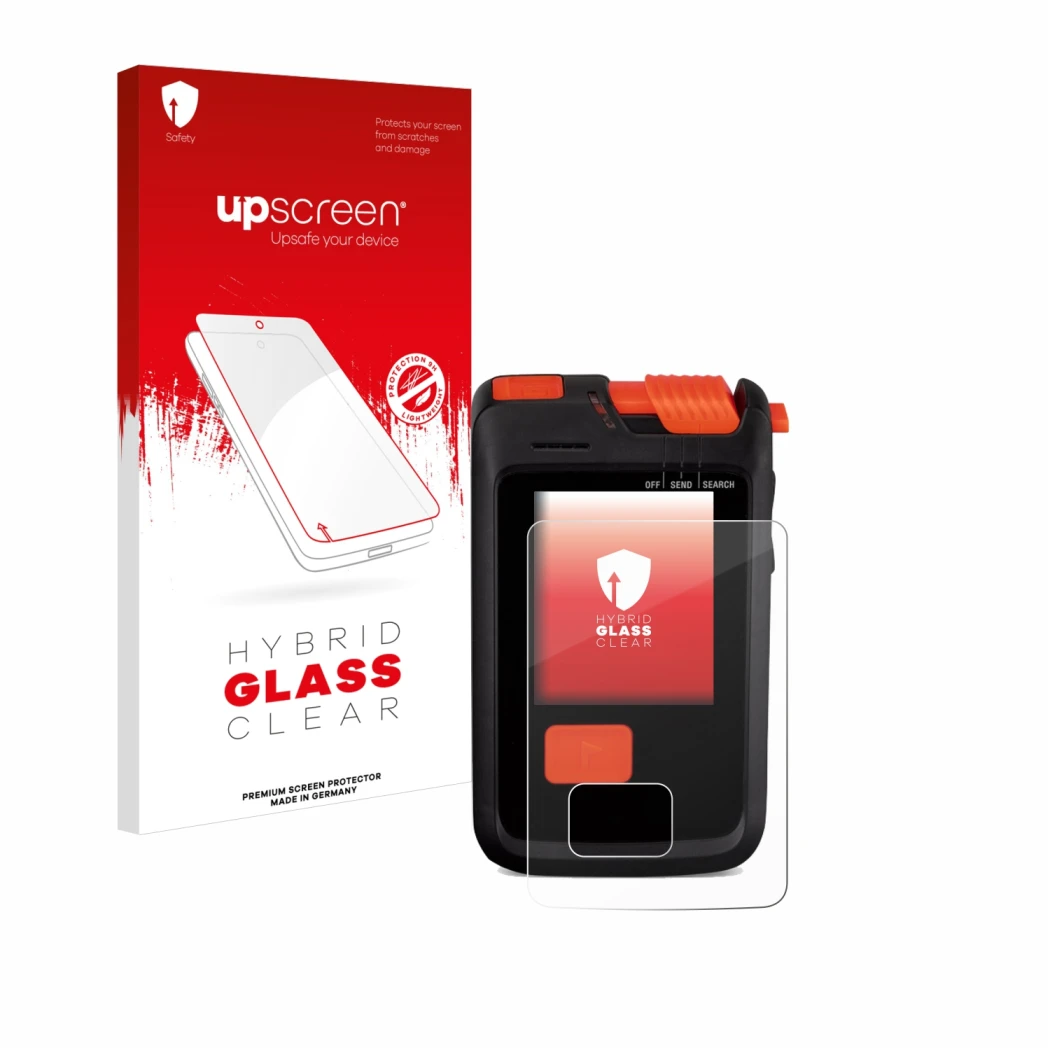 Parte frontal de un envase de producto con el logotipo de la marca upscreen. Al lado se muestra el dispositivo Mammut Barryvox