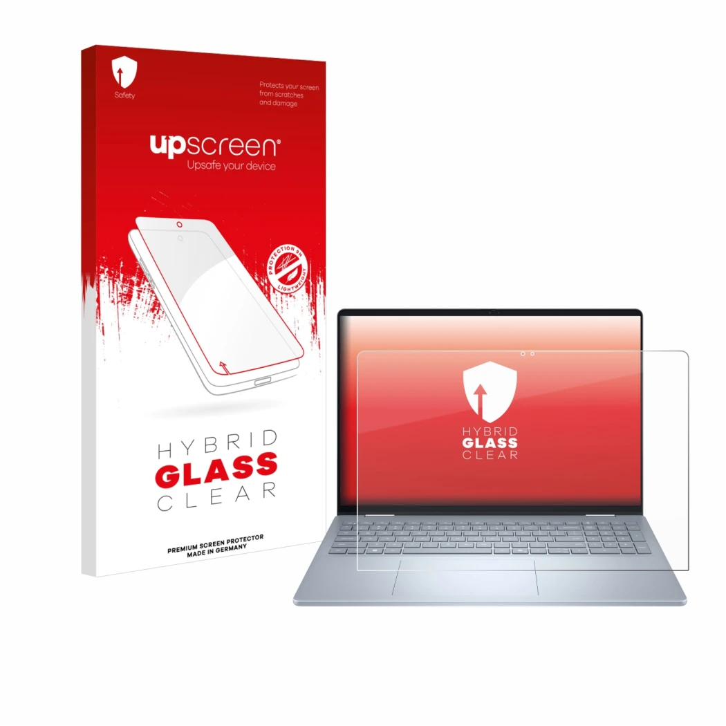 Parte frontal de un envase de producto con el logotipo de la marca upscreen. Al lado se muestra el dispositivo Dell 16 Plus-2-