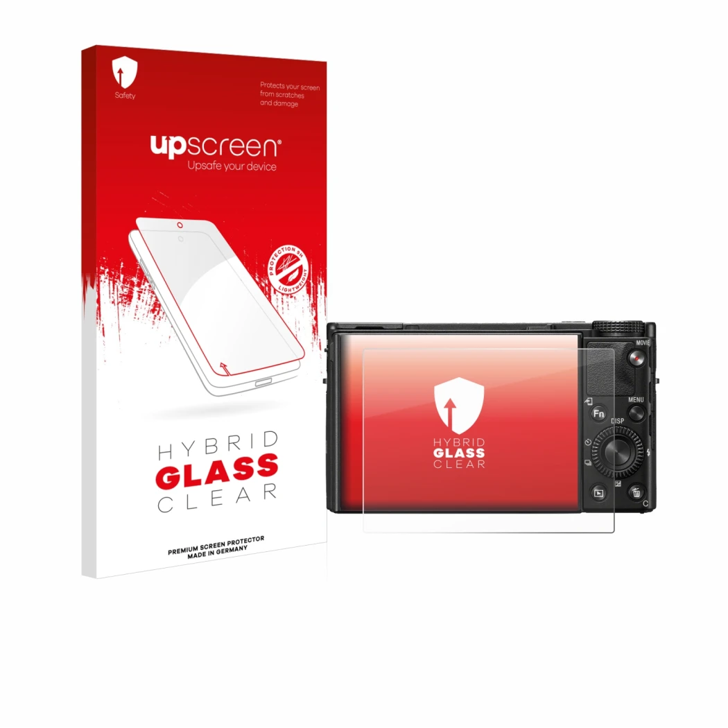 Parte frontal de un envase de producto con el logotipo de la marca upscreen. Al lado se muestra el dispositivo Sony Cyber-Shot