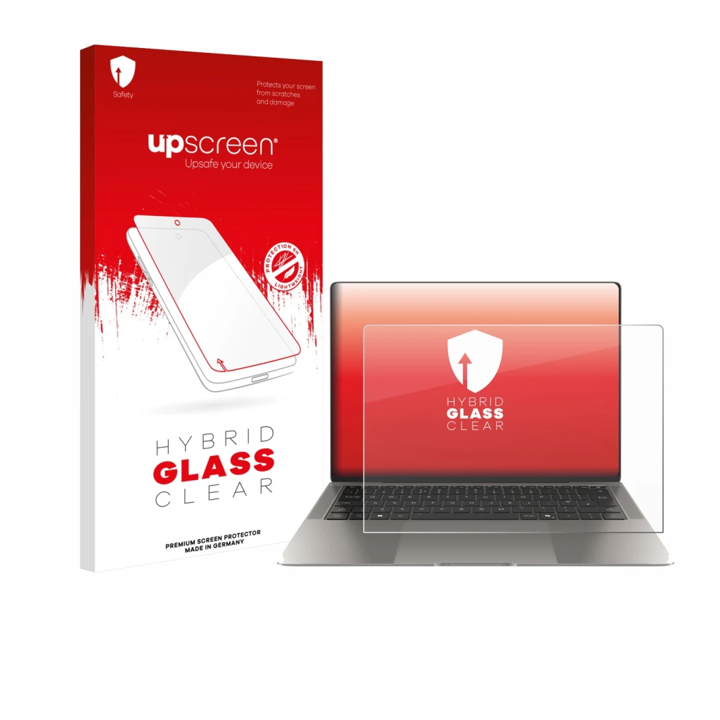 Parte frontal de un envase de producto con el logotipo de la marca upscreen. Al lado se muestra el dispositivo Honor MagicBook