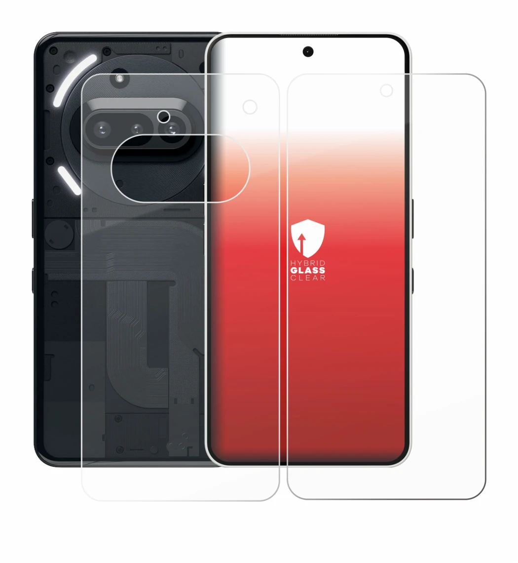 Imagen del dispositivo Nothing Phone (3a) (Frontal+Trasero) con una amplia variedad de protectores de pantalla.