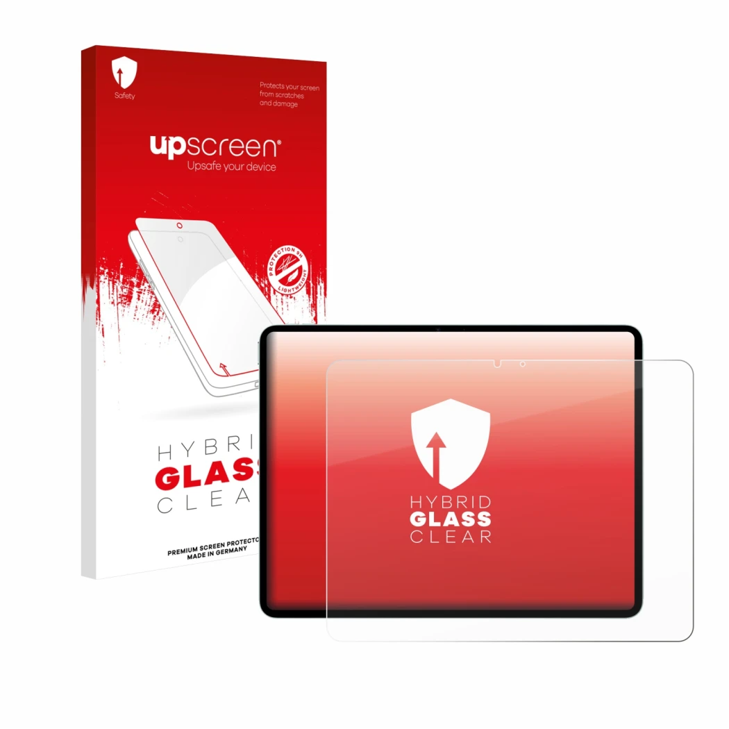 Parte frontal de un envase de producto con el logotipo de la marca upscreen. Al lado se muestra el dispositivo Apple iPad Air