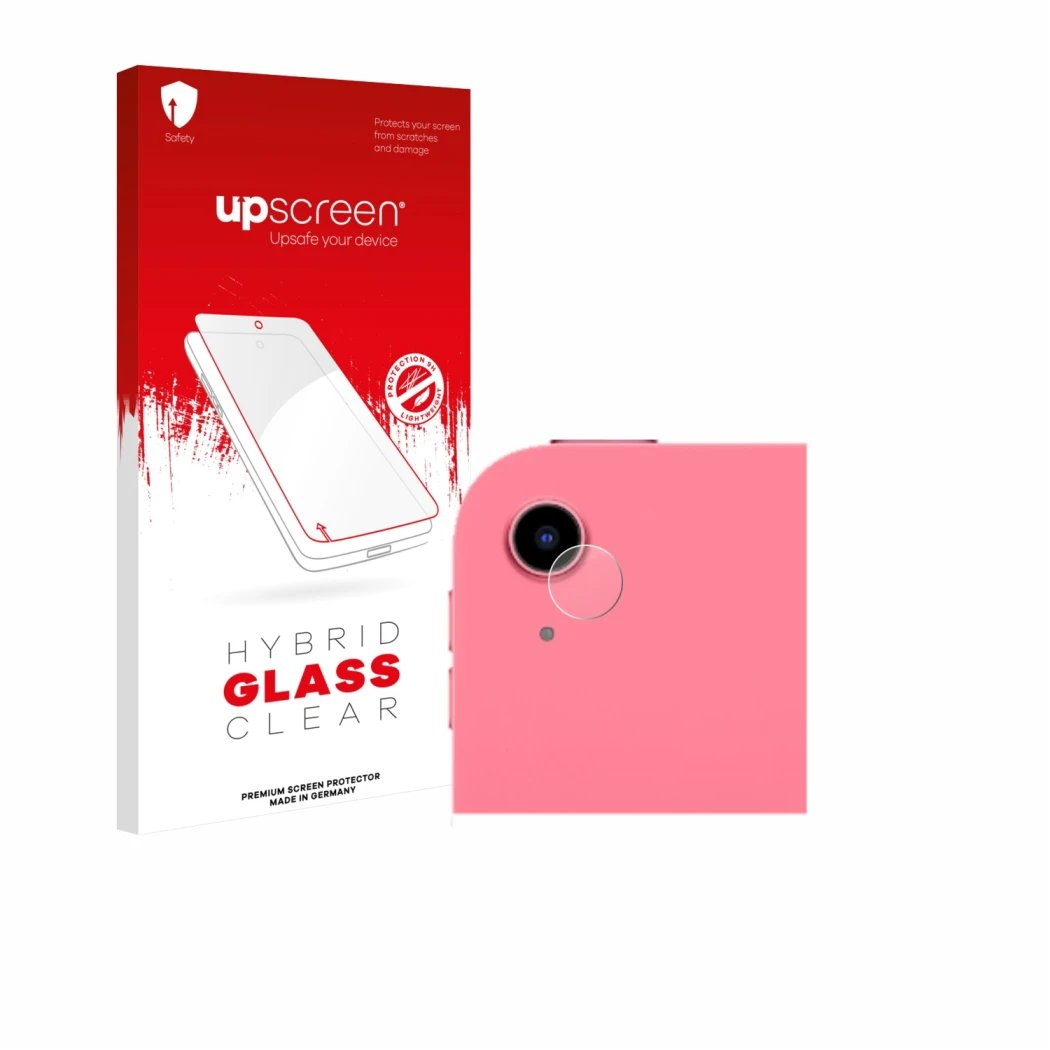 Parte frontal de un envase de producto con el logotipo de la marca upscreen. Al lado se muestra el dispositivo Apple iPad A16 