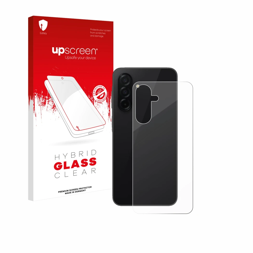 Parte frontal de un envase de producto con el logotipo de la marca upscreen. Al lado se muestra el dispositivo Samsung Galaxy 