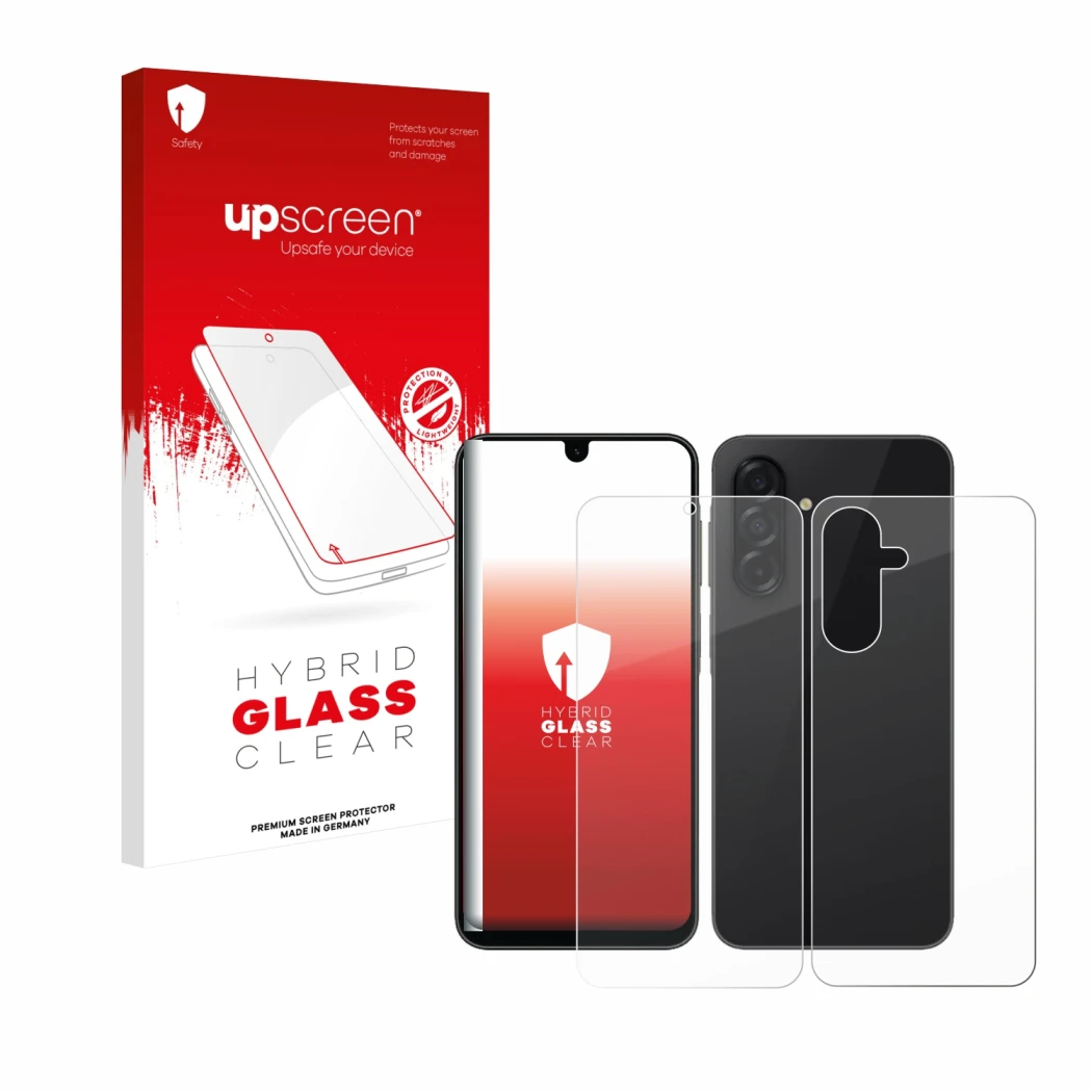 Parte frontal de un envase de producto con el logotipo de la marca upscreen. Al lado se muestra el dispositivo Samsung Galaxy 