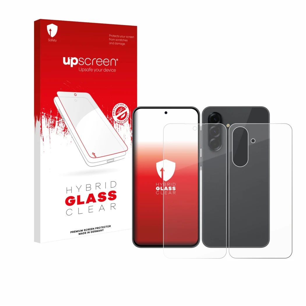Parte frontal de un envase de producto con el logotipo de la marca upscreen. Al lado se muestra el dispositivo Samsung Galaxy 