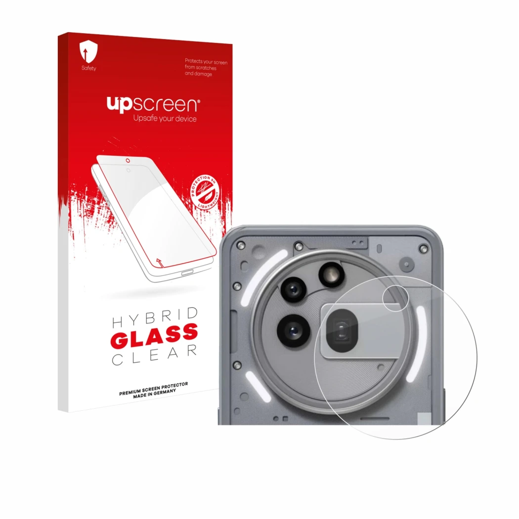 Parte frontal de un envase de producto con el logotipo de la marca upscreen. Al lado se muestra el dispositivo Nothing Phone (