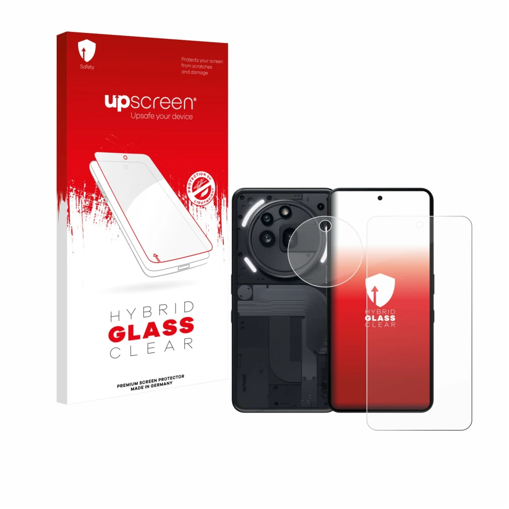 Parte frontal de un envase de producto con el logotipo de la marca upscreen. Al lado se muestra el dispositivo Nothing Phone (