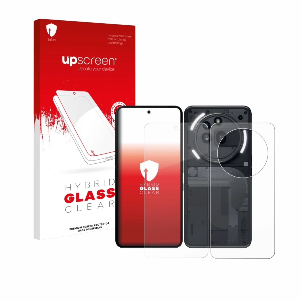 Parte frontal de un envase de producto con el logotipo de la marca upscreen. Al lado se muestra el dispositivo Nothing Phone (