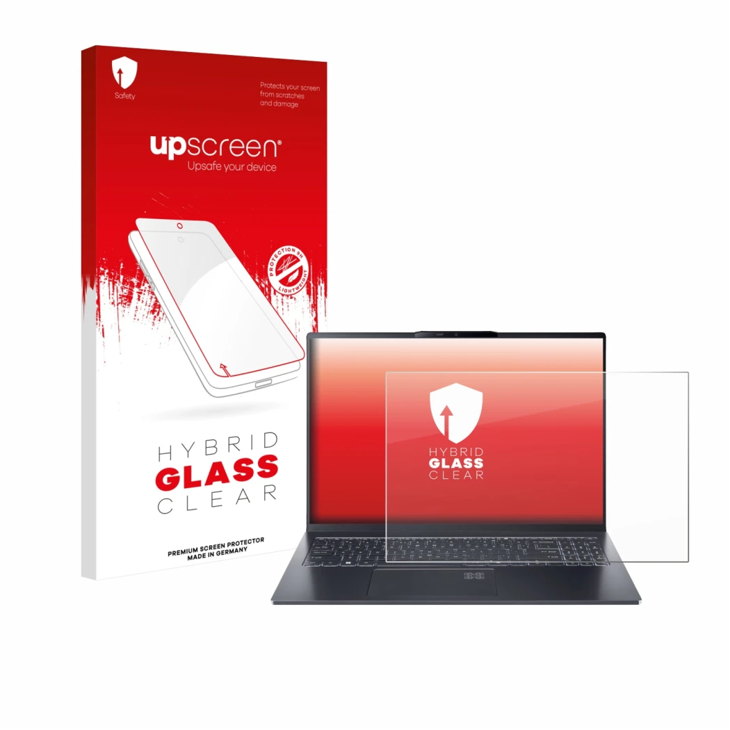 Parte frontal de un envase de producto con el logotipo de la marca upscreen. Al lado se muestra el dispositivo Acer Swift Go 1