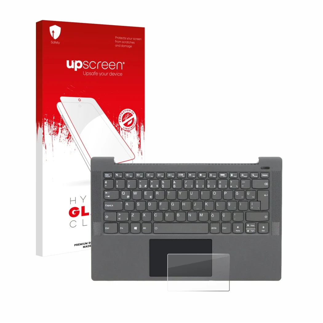 Parte frontal de un envase de producto con el logotipo de la marca upscreen. Al lado se muestra el dispositivo Lenovo IdeaPad 