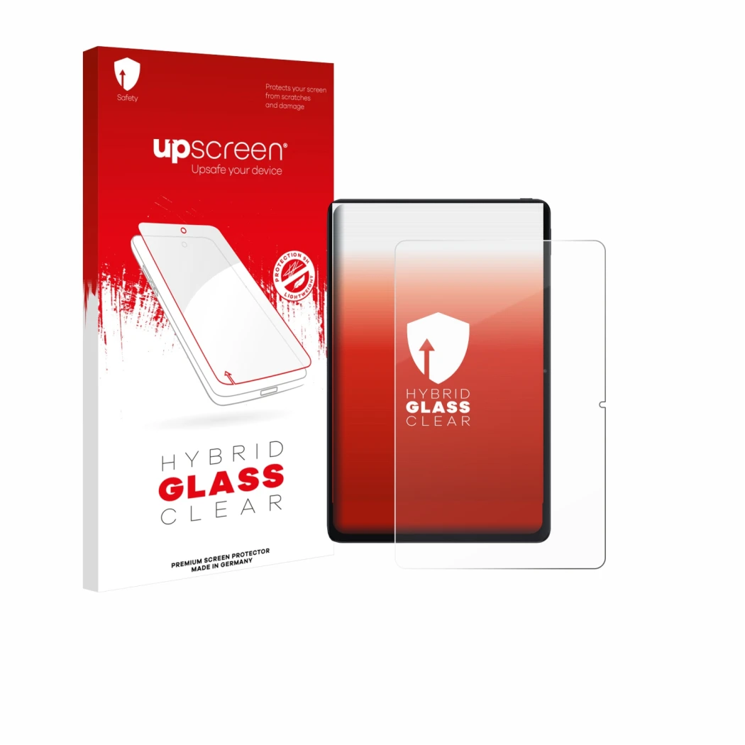 Parte frontal de un envase de producto con el logotipo de la marca upscreen. Al lado se muestra el dispositivo Xiaomi POCO Pad
