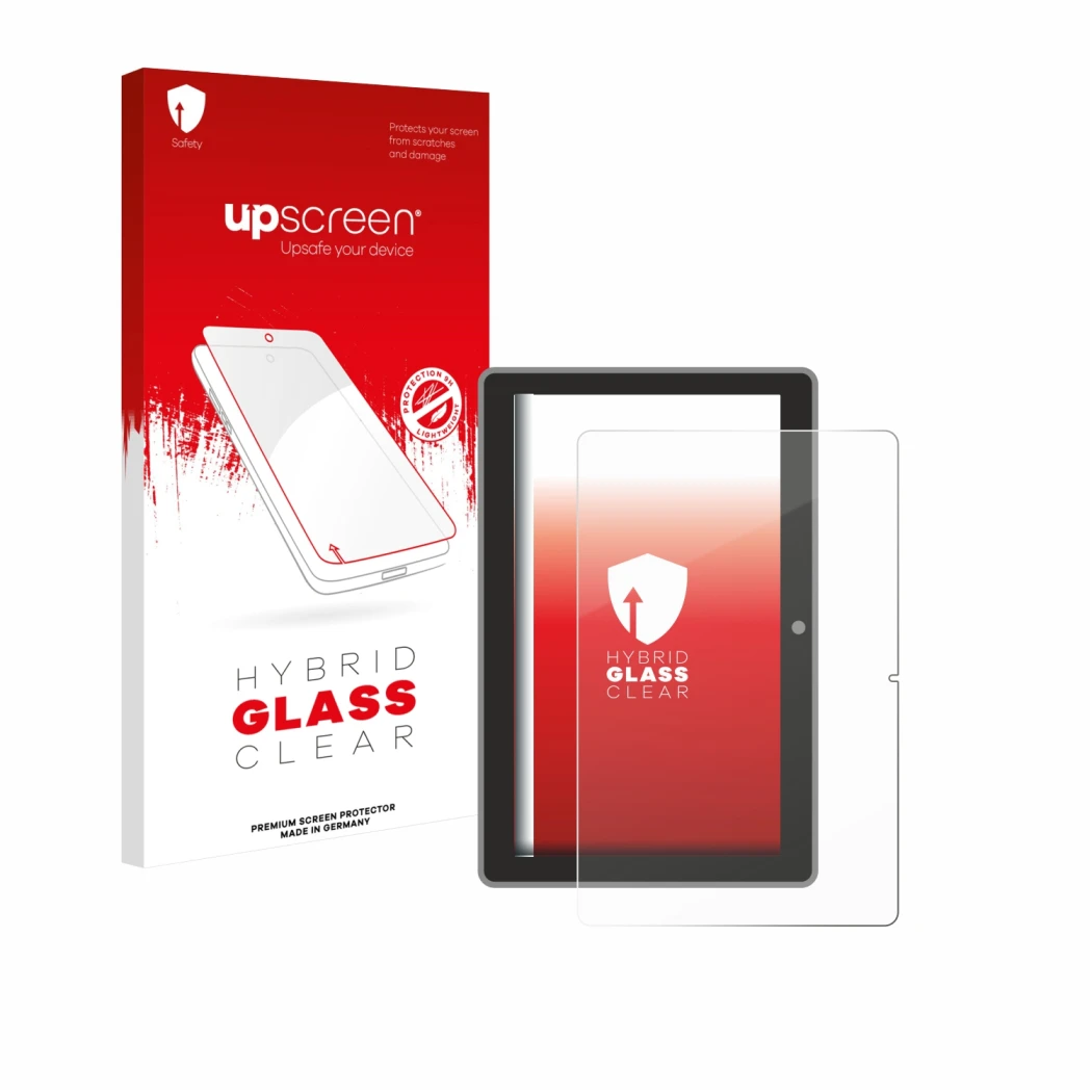Parte frontal de un envase de producto con el logotipo de la marca upscreen. Al lado se muestra el dispositivo Lenovo Tab TB31