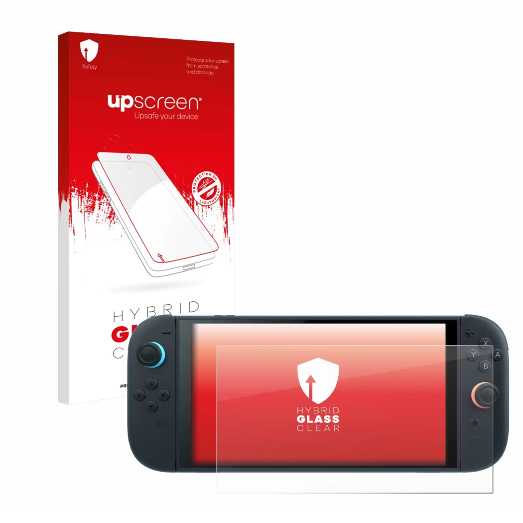 Parte frontal de un envase de producto con el logotipo de la marca upscreen. Al lado se muestra el dispositivo Nintendo Switch