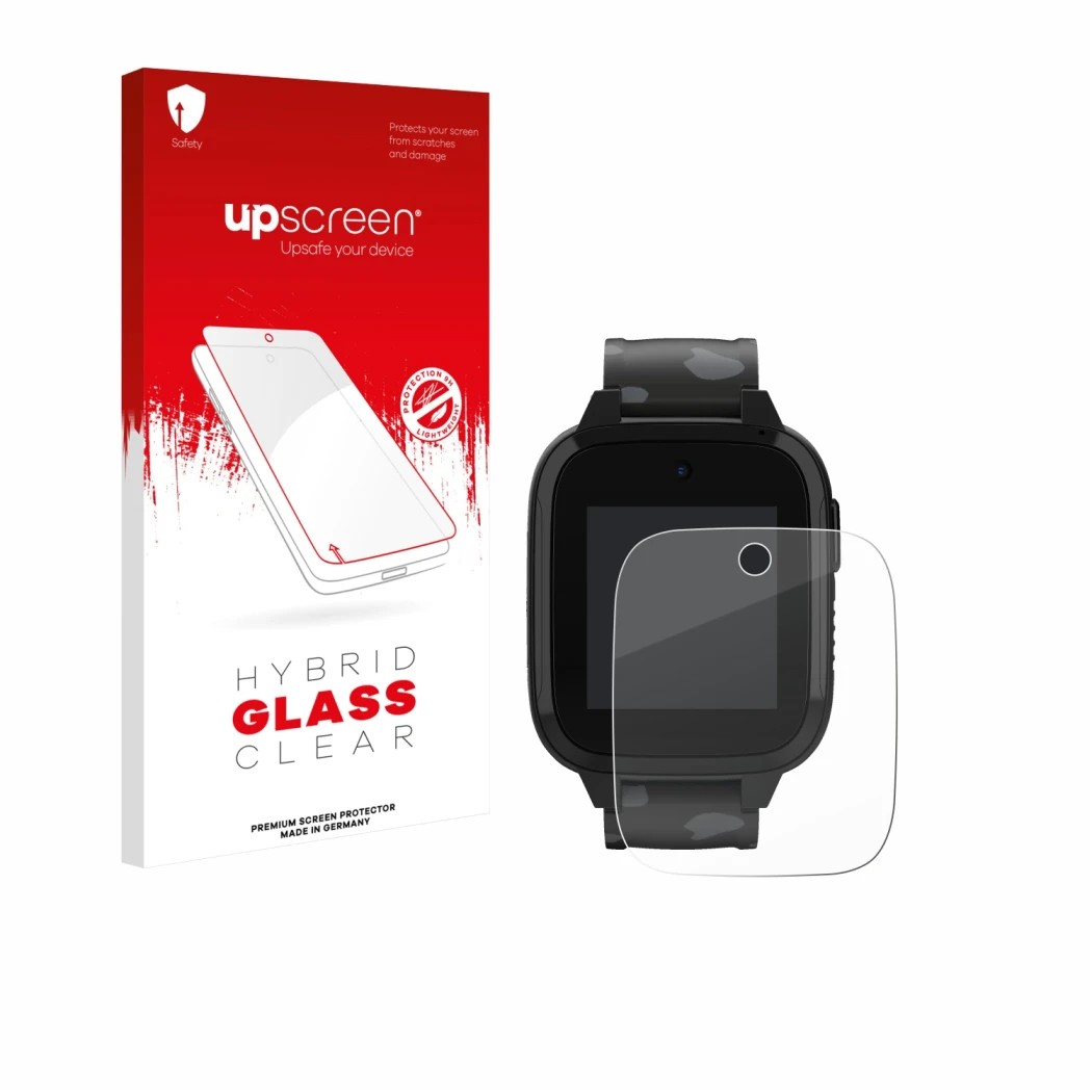 Parte frontal de un envase de producto con el logotipo de la marca upscreen. Al lado se muestra el dispositivo Xplora XGO3 (2d