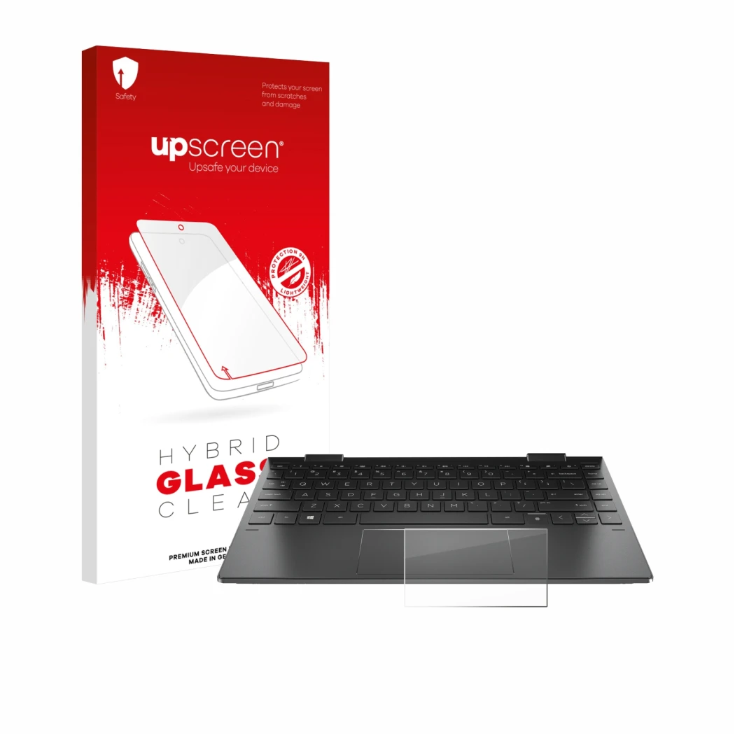 Parte frontal de un envase de producto con el logotipo de la marca upscreen. Al lado se muestra el dispositivo HP Envy x360 (1