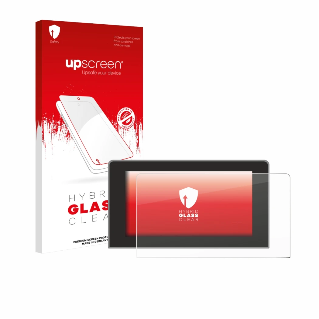 Parte frontal de un envase de producto con el logotipo de la marca upscreen. Al lado se muestra el dispositivo Volkswagen Craf