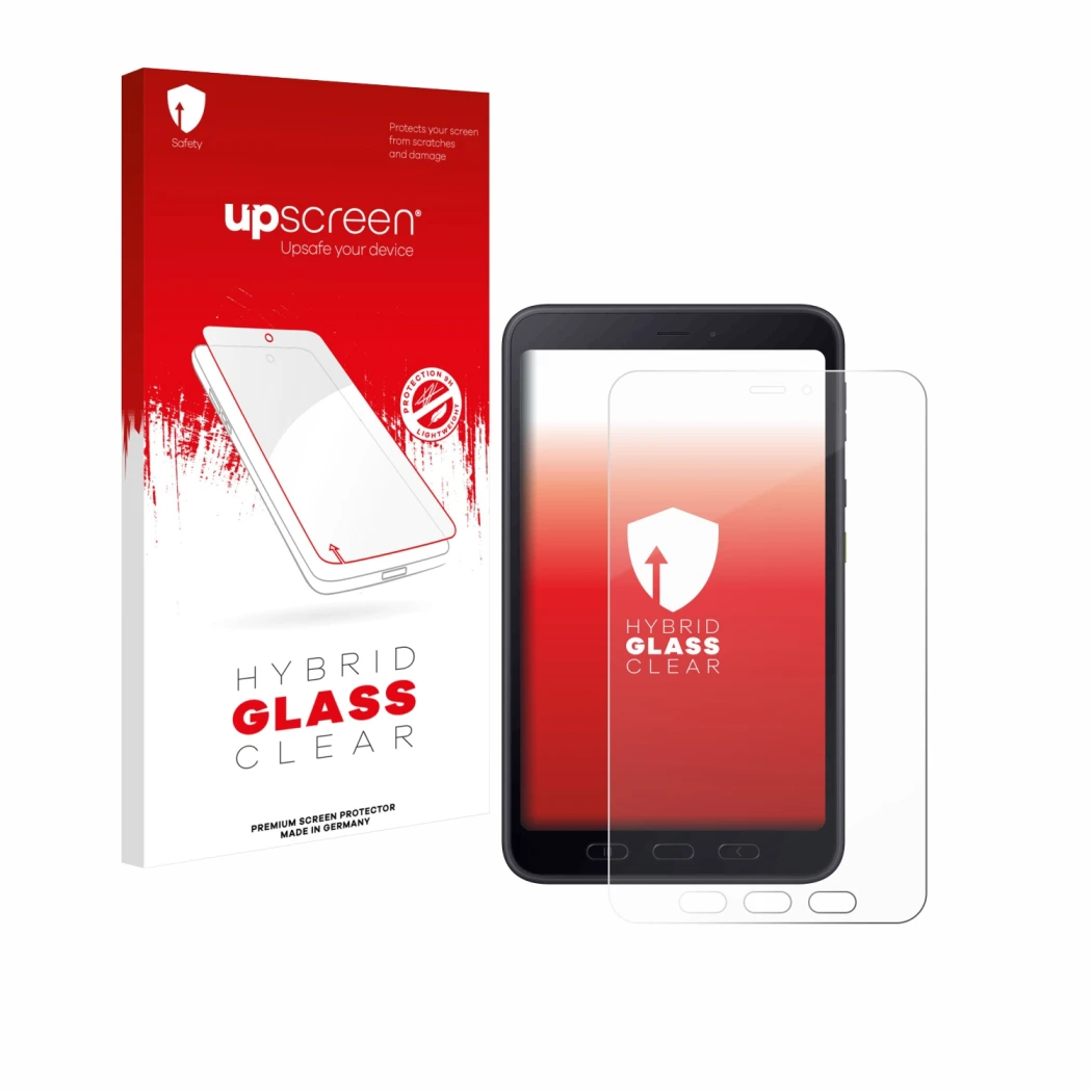 Parte frontal de un envase de producto con el logotipo de la marca upscreen. Al lado se muestra el dispositivo Samsung galaxy 