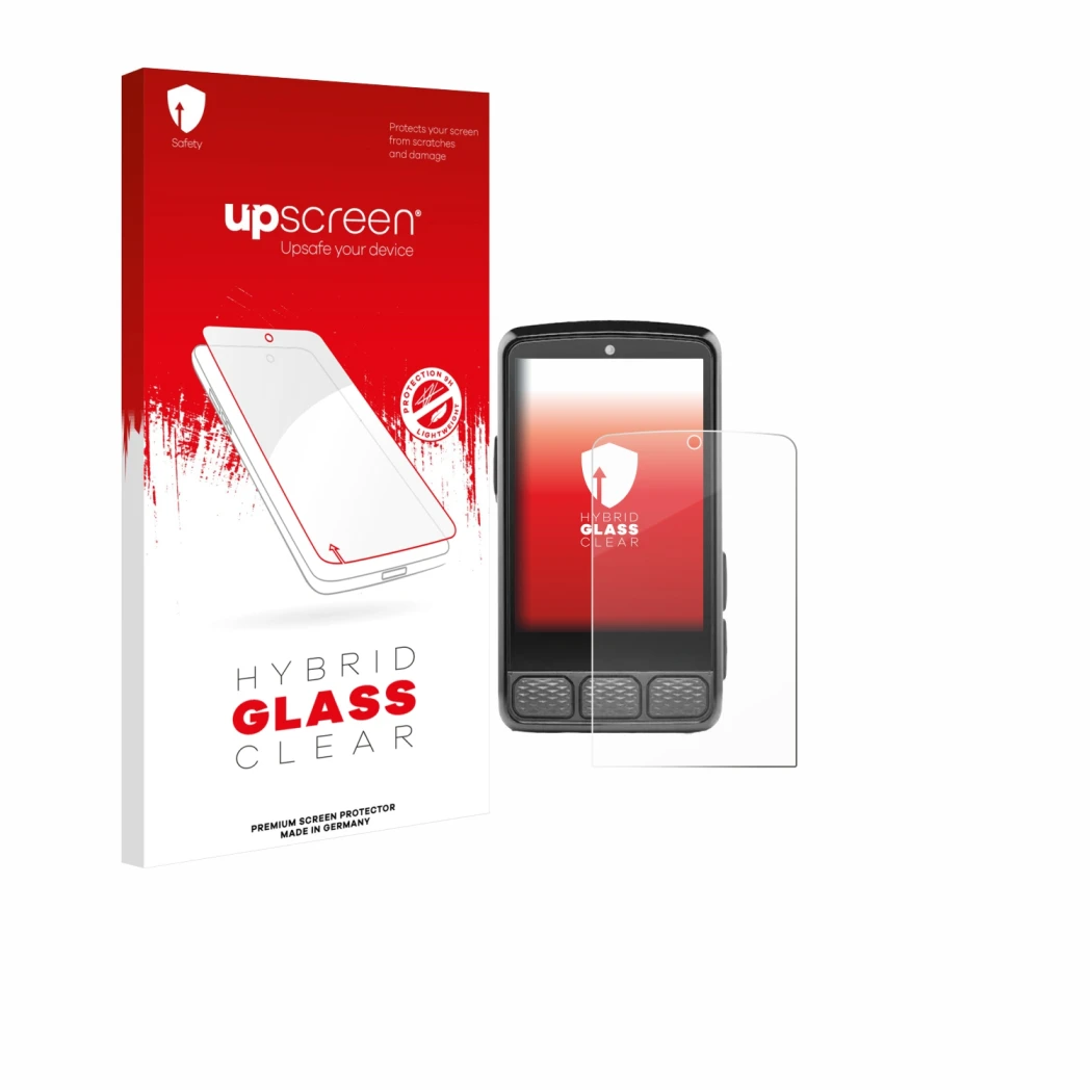 Parte frontal de un envase de producto con el logotipo de la marca upscreen. Al lado se muestra el dispositivo Wahoo Elemnt Ro