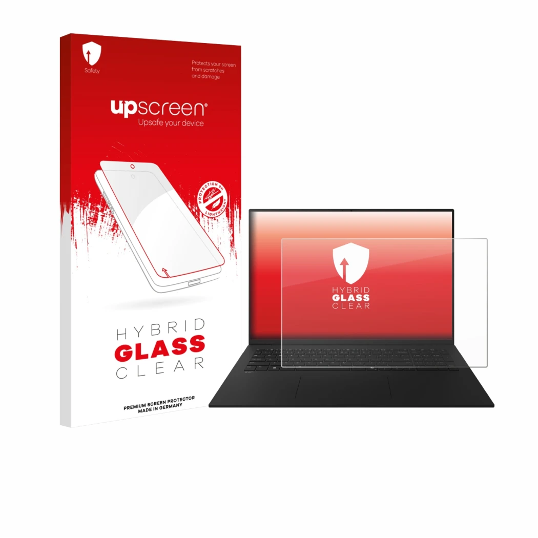 Parte frontal de un envase de producto con el logotipo de la marca upscreen. Al lado se muestra el dispositivo LG gram 17