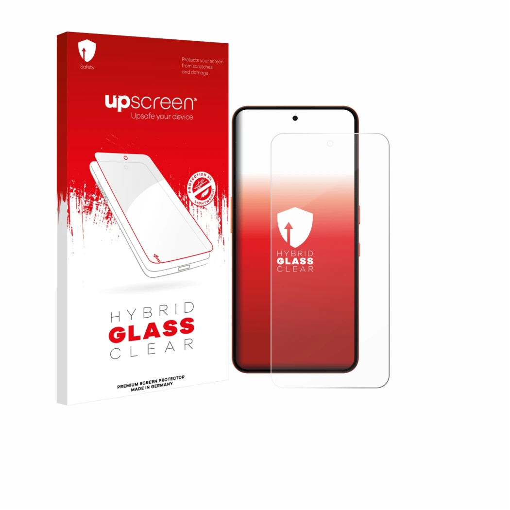 Parte frontal de un envase de producto con el logotipo de la marca upscreen. Al lado se muestra el dispositivo Nothing CMF Pho