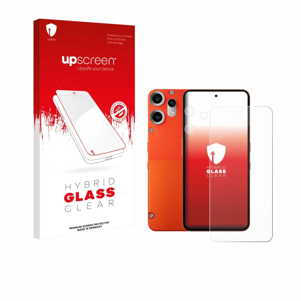 Parte frontal de un envase de producto con el logotipo de la marca upscreen. Al lado se muestra el dispositivo Nothing CMF Pho